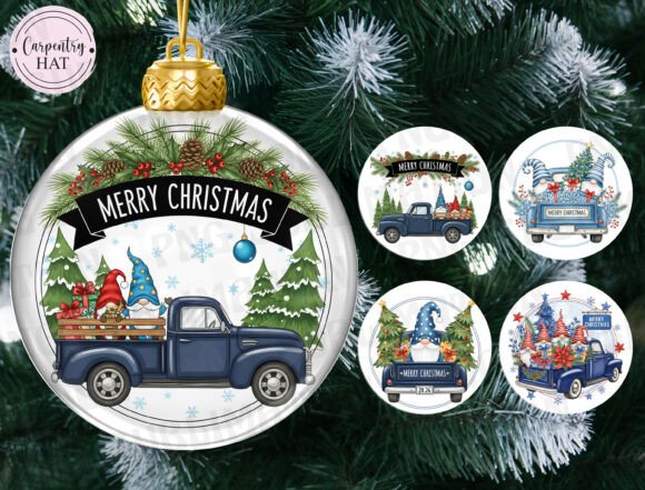 Blue Christmas Truck Ornament PNG for Illustrations