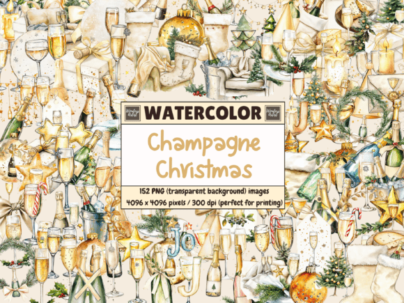 Champagne Christmas Watercolor Clipart Illustrations