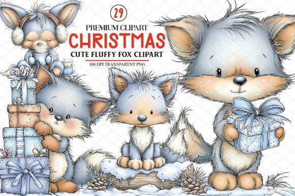 Cute Christmas Fluffy Fox Clipart Illustrations