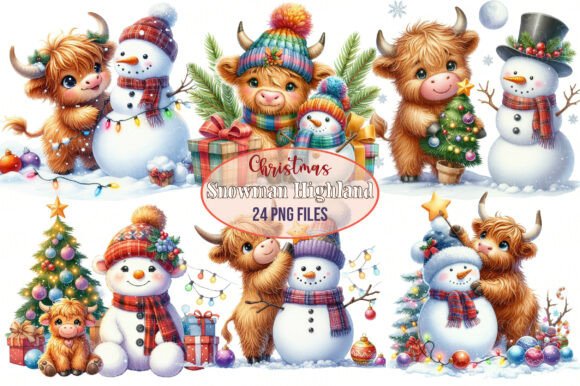 Cute Christmas Highland Cow Snowman Illustrations Review
