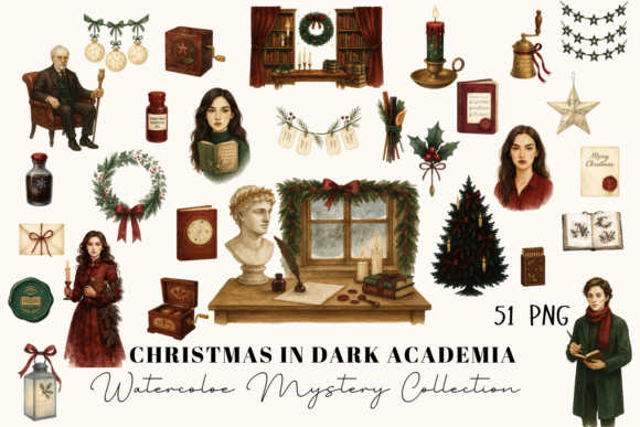 Dark Academia Christmas Clipart Set: Illustrations for Branding