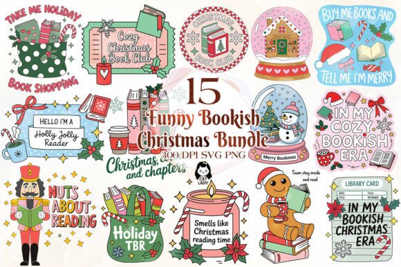 Funny Bookish Christmas SVG PNG Illustrations