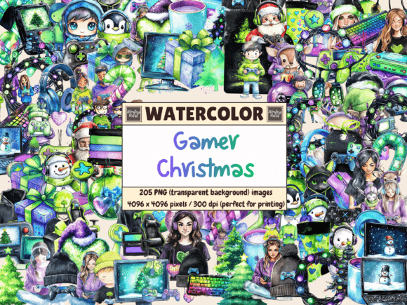 Gamer Christmas Watercolor Clipart for Illustrations