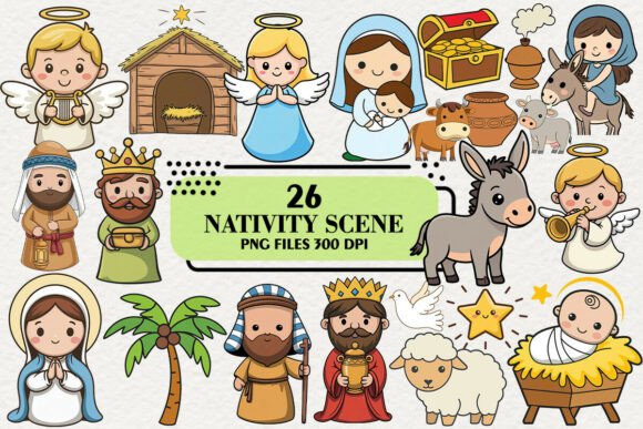 Kawaii Christmas Nativity Clipart & Illustrations