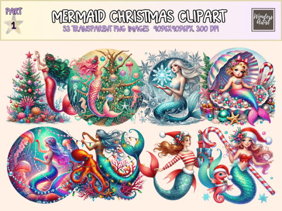 Mermaid Christmas Clipart: Illustrations for Sellers