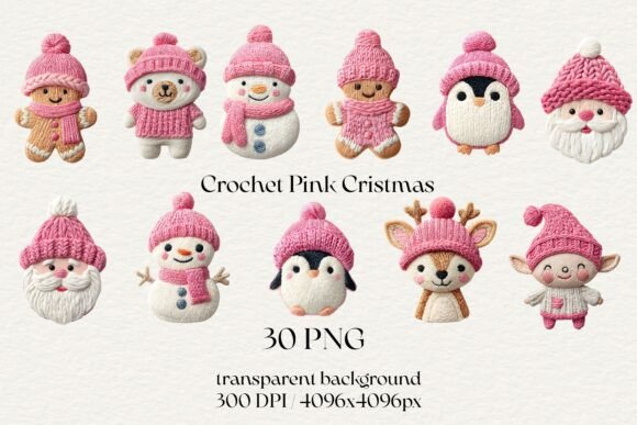Pink Christmas Crochet Illustrations for Branding