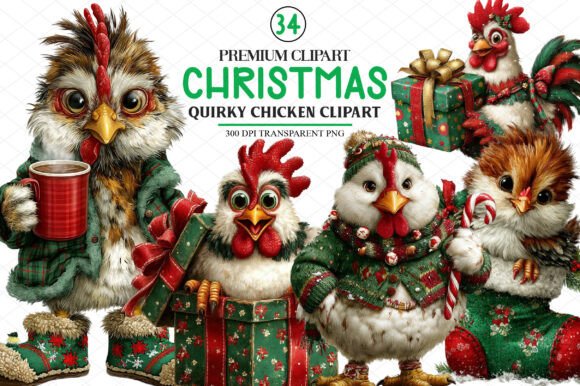 Quirky Christmas Chicken Clipart for Illustrations