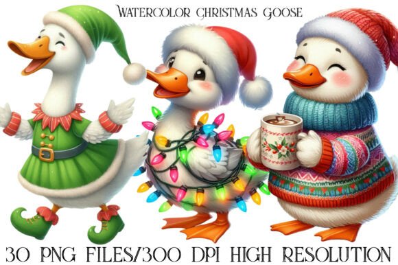 Watercolor Christmas Goose PNG: Festive Illustrations